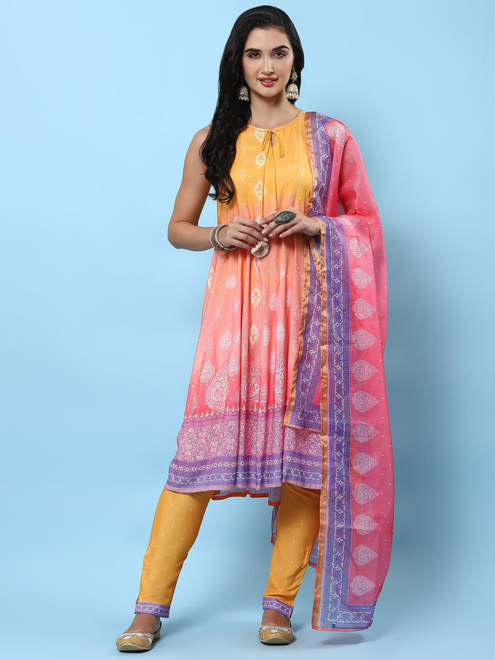 Women Orange Ornamental Printed Kurta Trouser Dupatta.
