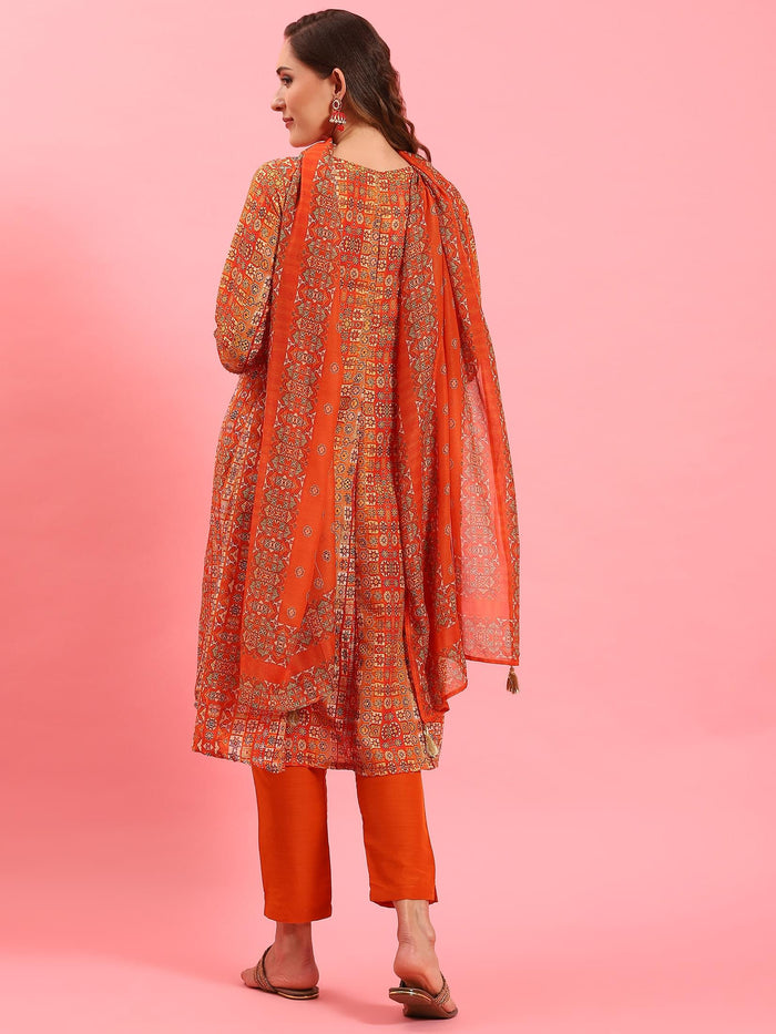 Women Orange Ornamental Printed Kurta Trouser Dupatta.