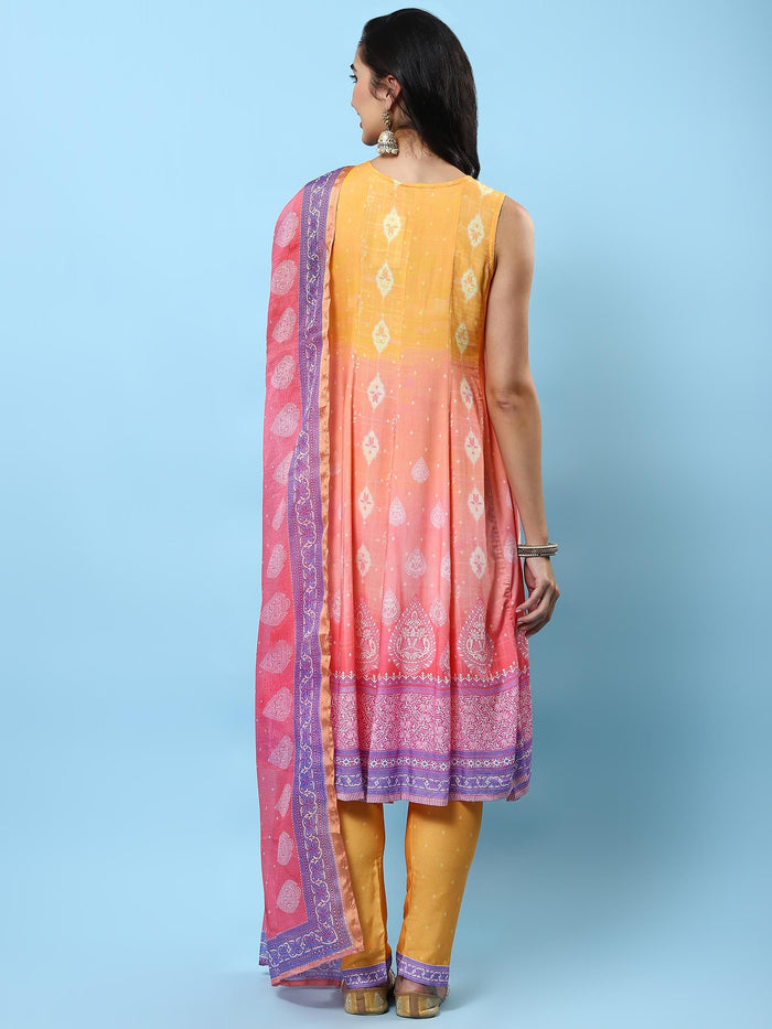Women Orange Ornamental Printed Kurta Trouser Dupatta.