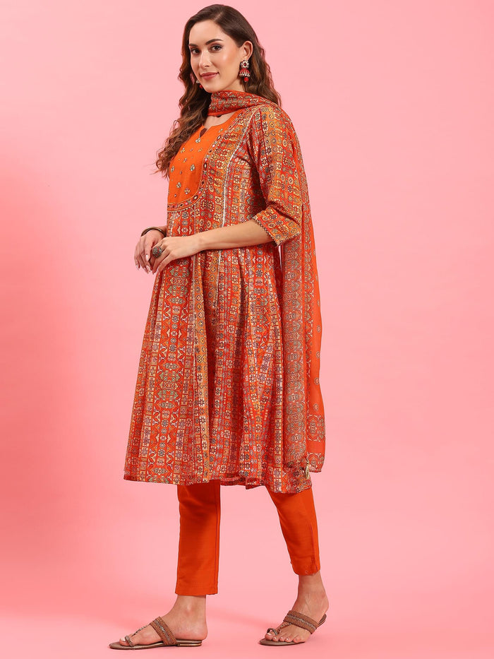 Women Orange Ornamental Printed Kurta Trouser Dupatta.