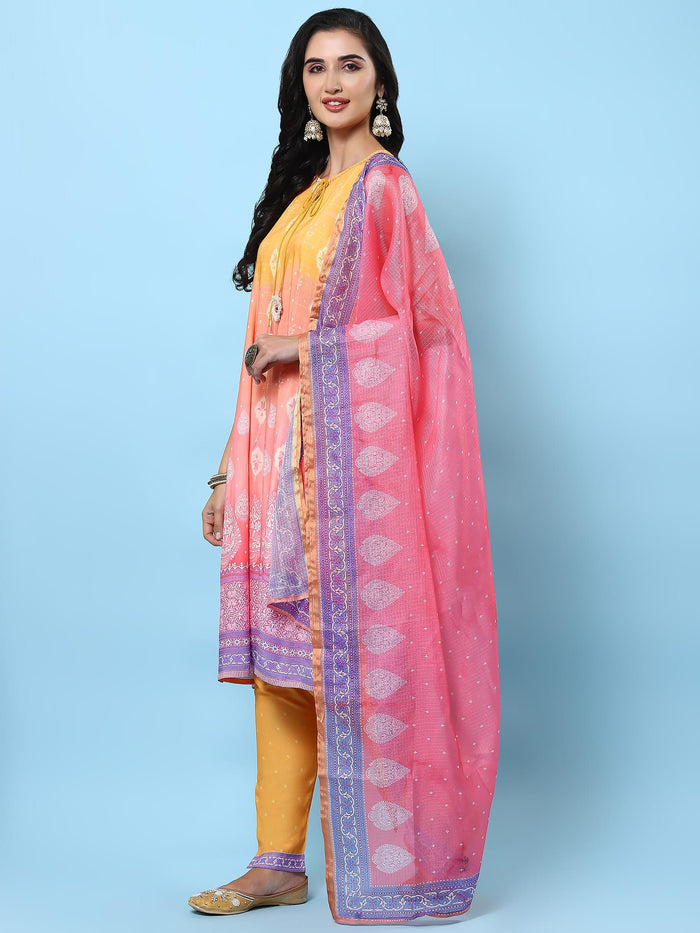 Women Orange Ornamental Printed Kurta Trouser Dupatta.