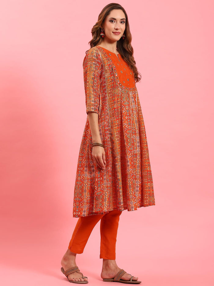 Women Orange Ornamental Printed Kurta Trouser Dupatta.
