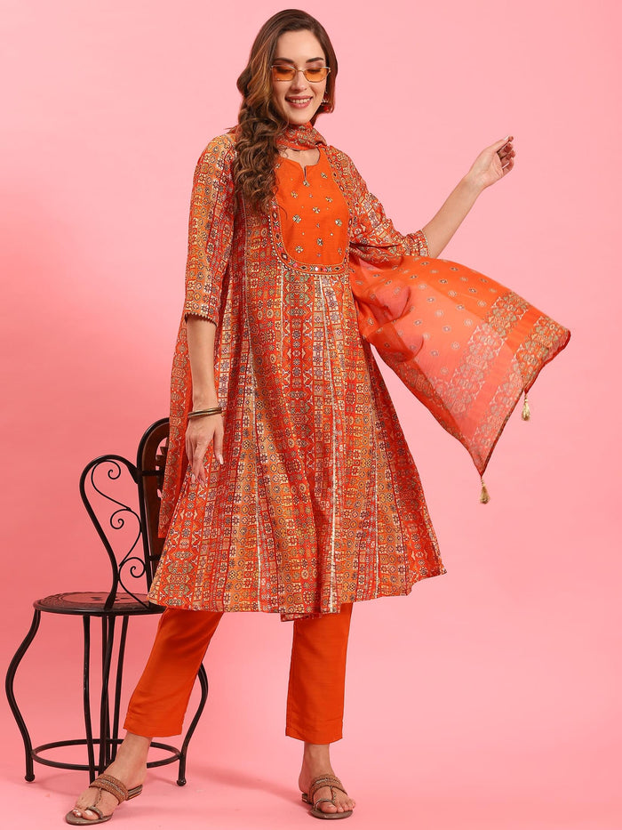 Women Orange Ornamental Printed Kurta Trouser Dupatta.