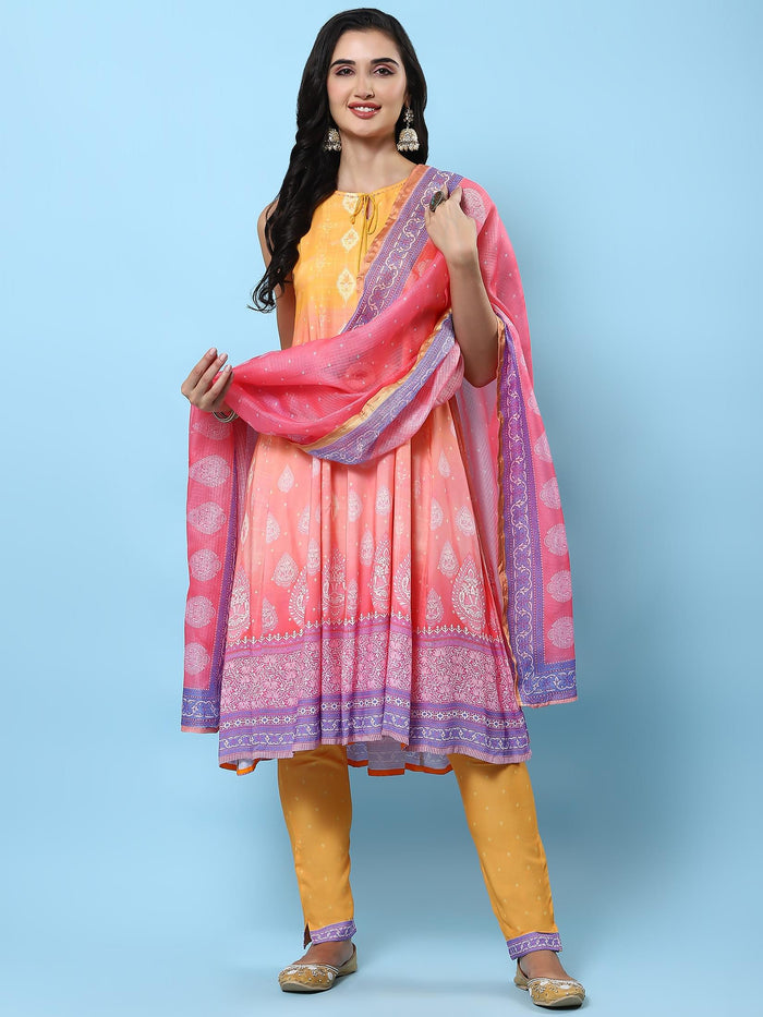 Women Orange Ornamental Printed Kurta Trouser Dupatta.