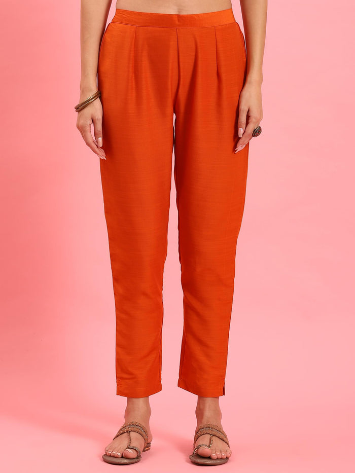 Women Orange Ornamental Printed Kurta Trouser Dupatta.