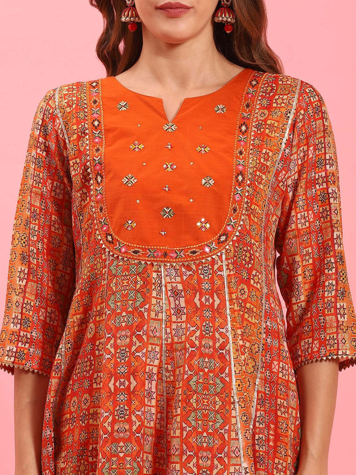Women Orange Ornamental Printed Kurta Trouser Dupatta.