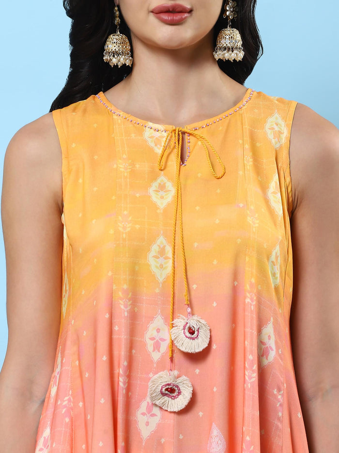 Women Orange Ornamental Printed Kurta Trouser Dupatta.