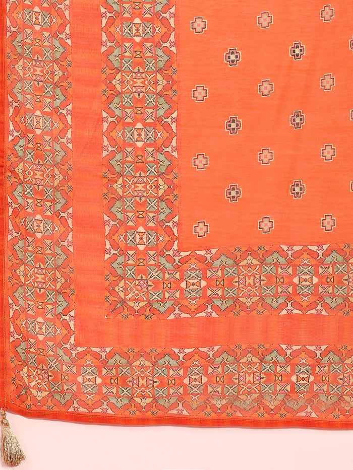 Women Orange Ornamental Printed Kurta Trouser Dupatta.