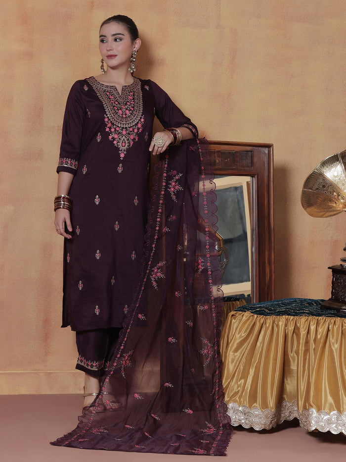 Women Orchid Silk Blend Embroidered Kurta Comfort Pant Dupatta.
