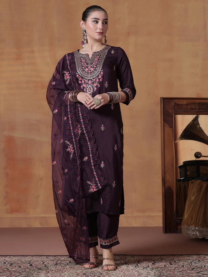 Women Orchid Silk Blend Embroidered Kurta Comfort Pant Dupatta.