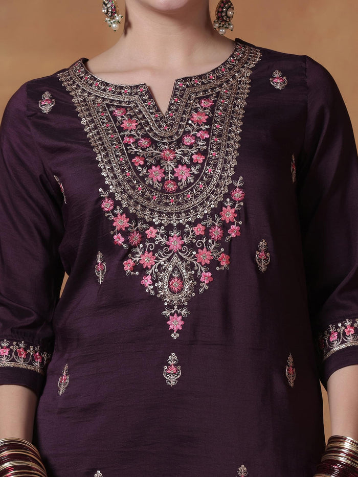 Women Orchid Silk Blend Embroidered Kurta Comfort Pant Dupatta.