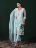 Women Organza Aqua Blue Embroidered Kurta Comfort Pant Dupatta.