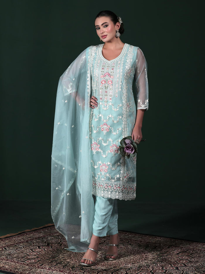 Women Organza Aqua Blue Embroidered Kurta Comfort Pant Dupatta.
