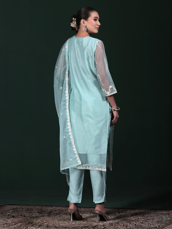 Women Organza Aqua Blue Embroidered Kurta Comfort Pant Dupatta.