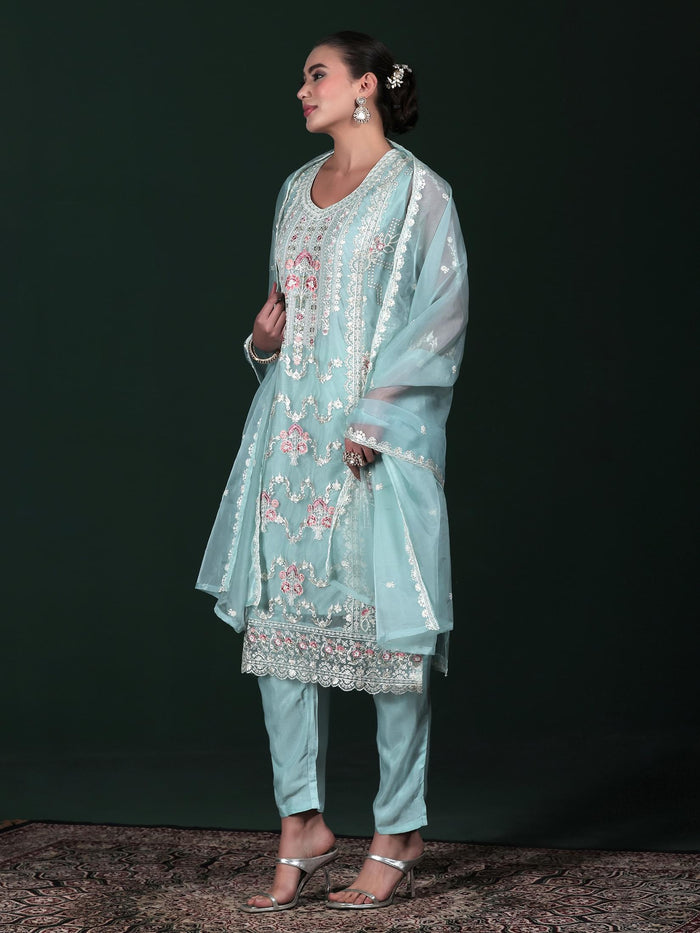 Women Organza Aqua Blue Embroidered Kurta Comfort Pant Dupatta.