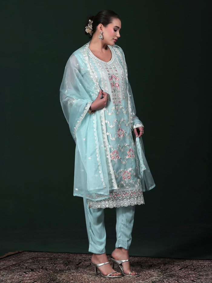 Women Organza Aqua Blue Embroidered Kurta Comfort Pant Dupatta.