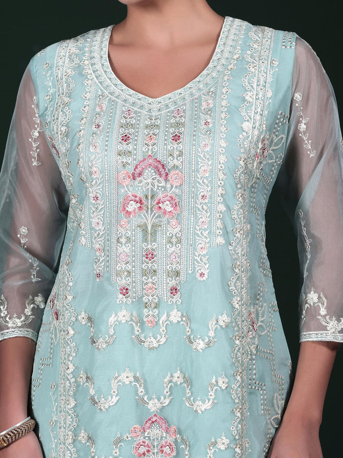 Women Organza Aqua Blue Embroidered Kurta Comfort Pant Dupatta.