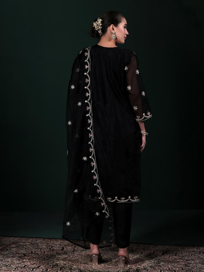 Women Organza Black Embroidered Kurta Comfort Pant Dupatta.