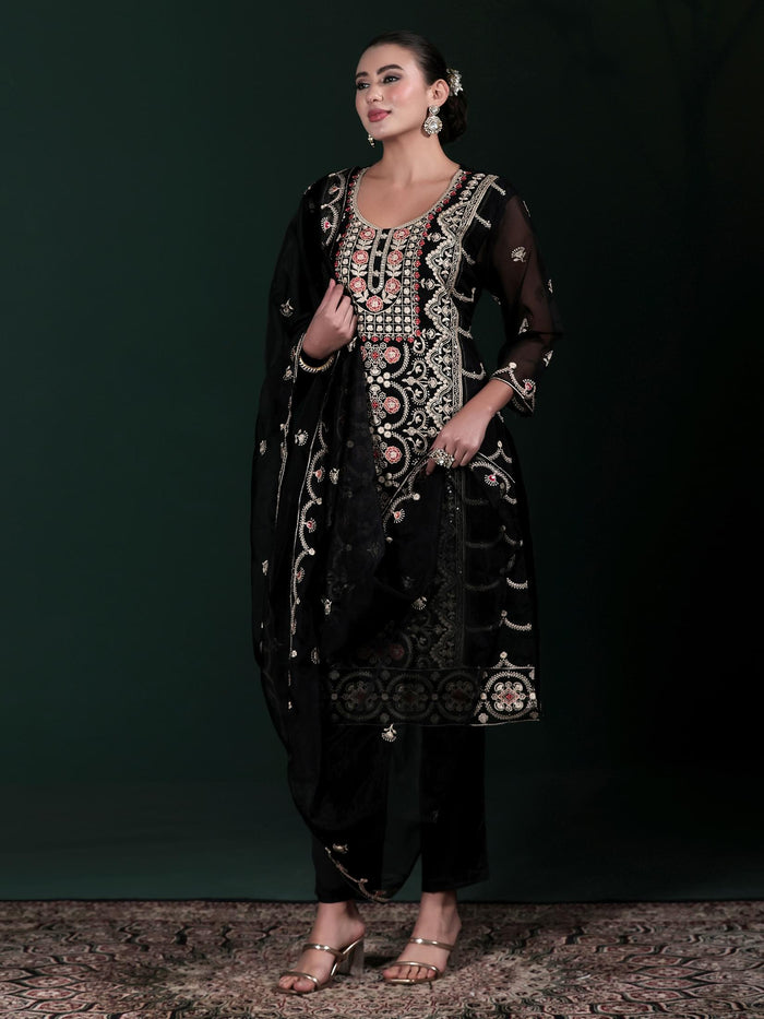 Women Organza Black Embroidered Kurta Comfort Pant Dupatta.