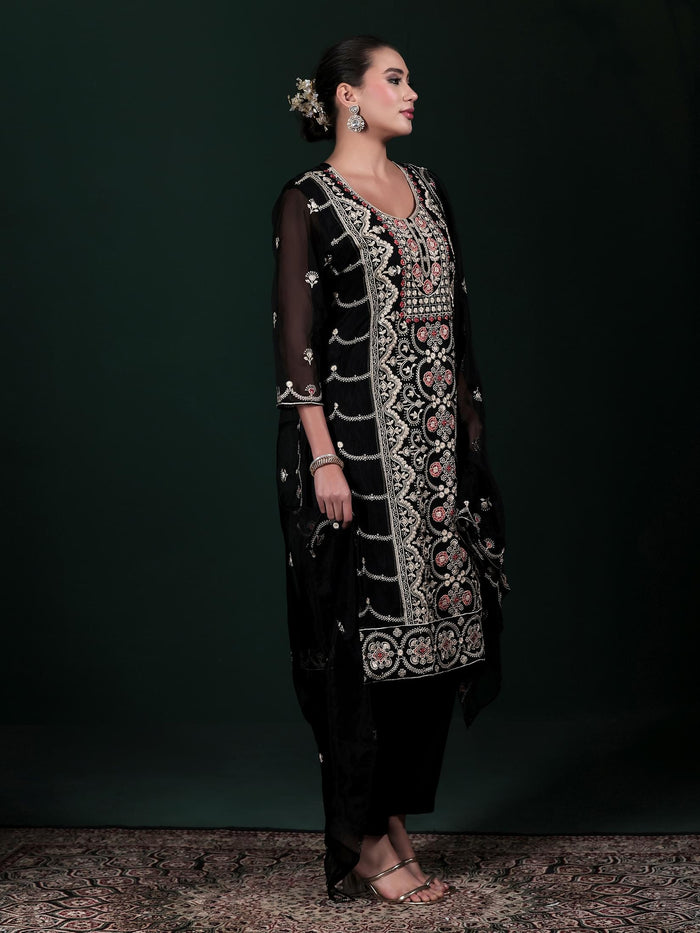 Women Organza Black Embroidered Kurta Comfort Pant Dupatta.