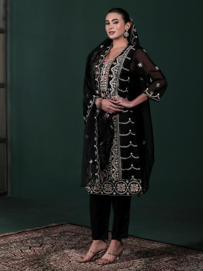 Women Organza Black Embroidered Kurta Comfort Pant Dupatta.