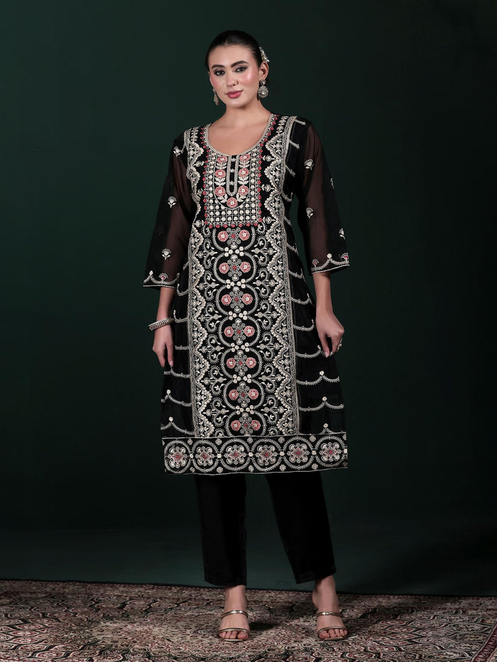 Women Organza Black Embroidered Kurta Comfort Pant Dupatta.