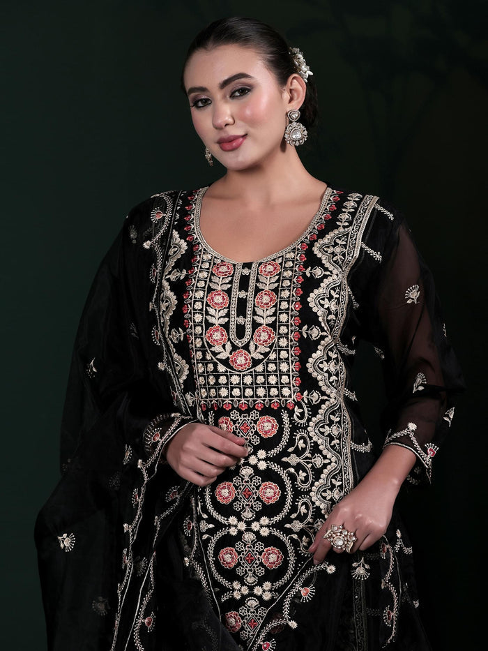 Women Organza Black Embroidered Kurta Comfort Pant Dupatta.