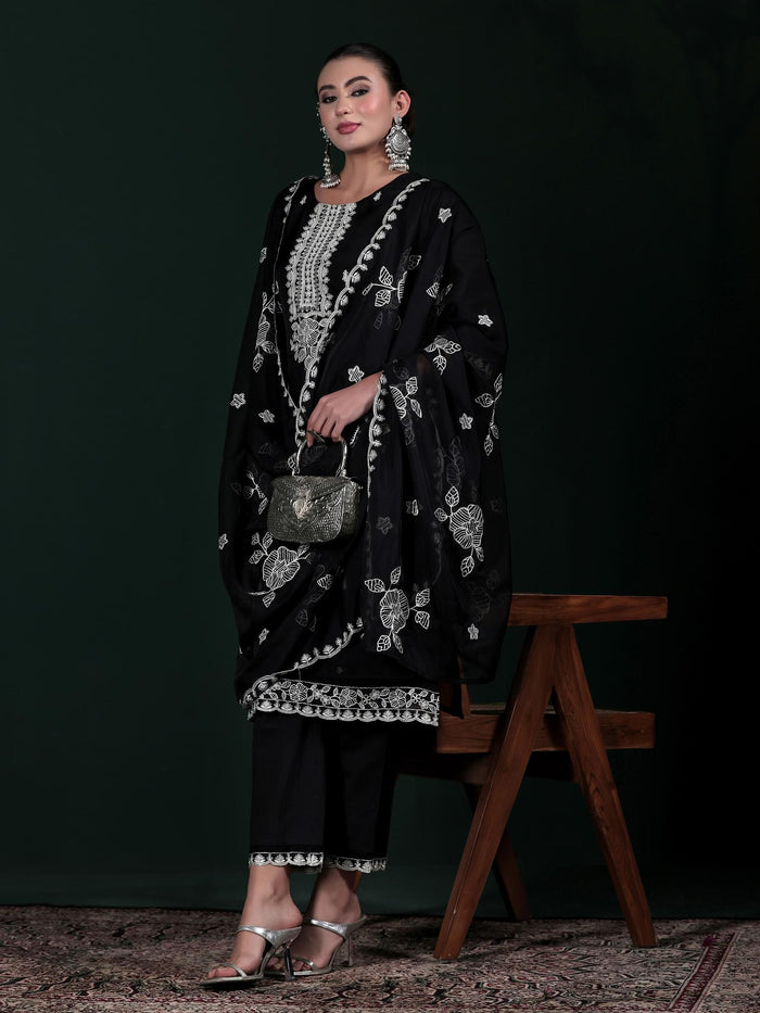 Women Organza Black Embroidered Kurta Comfort Pant With Dupatta.