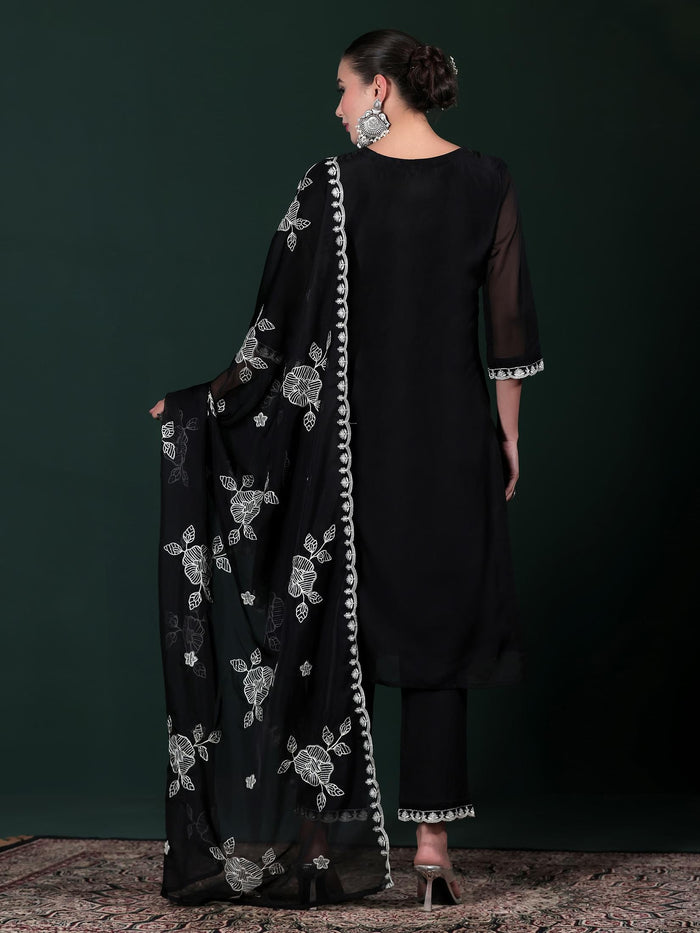 Women Organza Black Embroidered Kurta Comfort Pant With Dupatta.