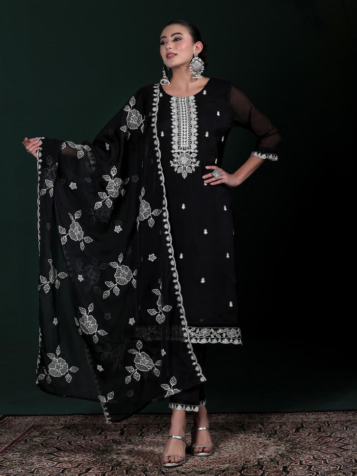 Women Organza Black Embroidered Kurta Comfort Pant With Dupatta.