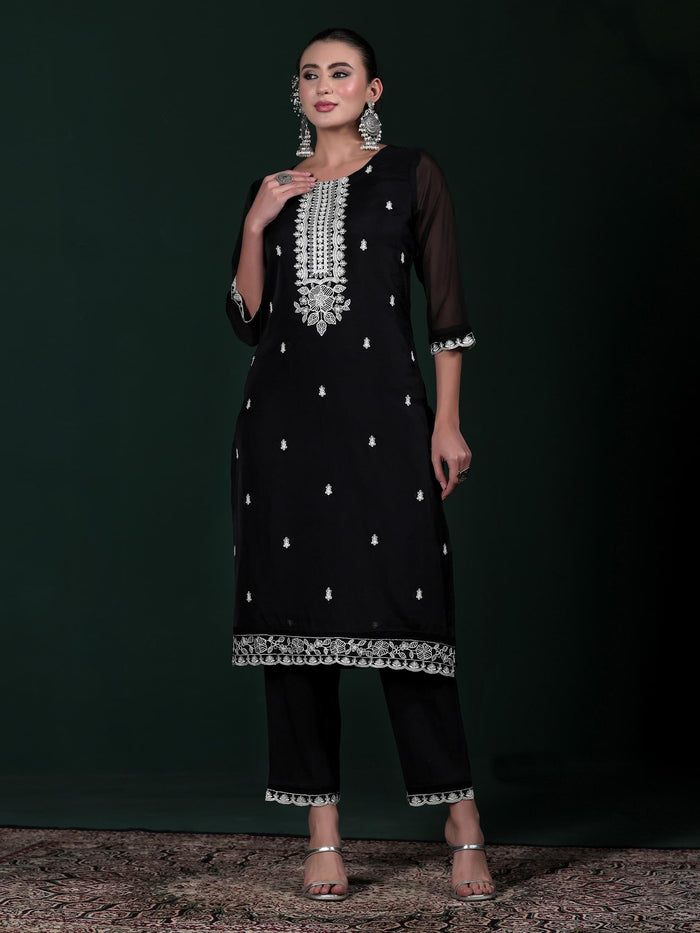 Women Organza Black Embroidered Kurta Comfort Pant With Dupatta.
