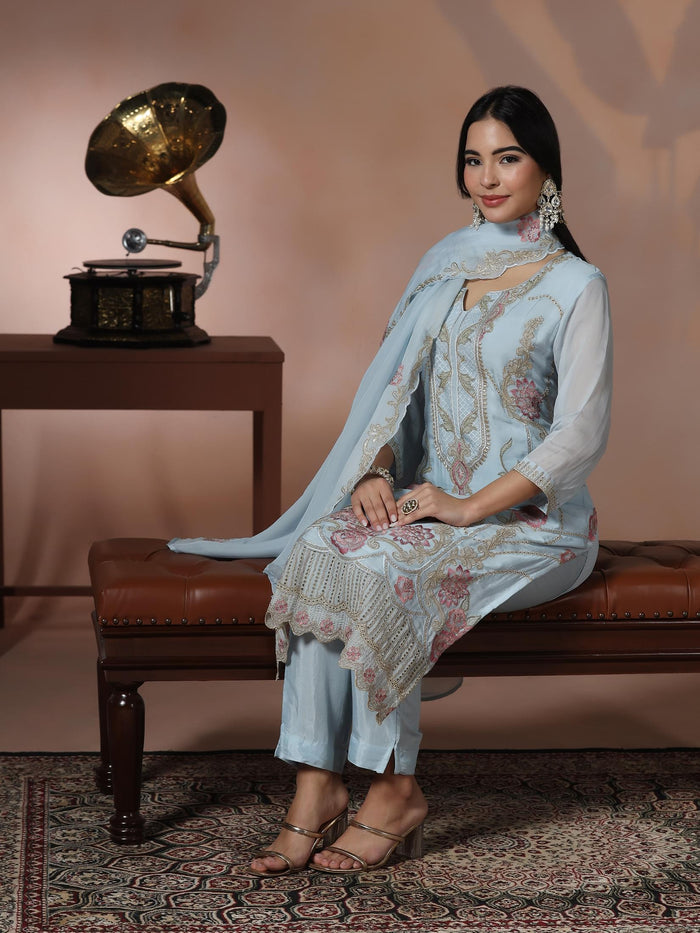 Women Organza Blue Embroidered Kurta Comfort Pant Dupatta.