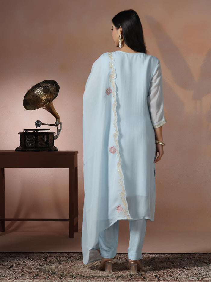 Women Organza Blue Embroidered Kurta Comfort Pant Dupatta.