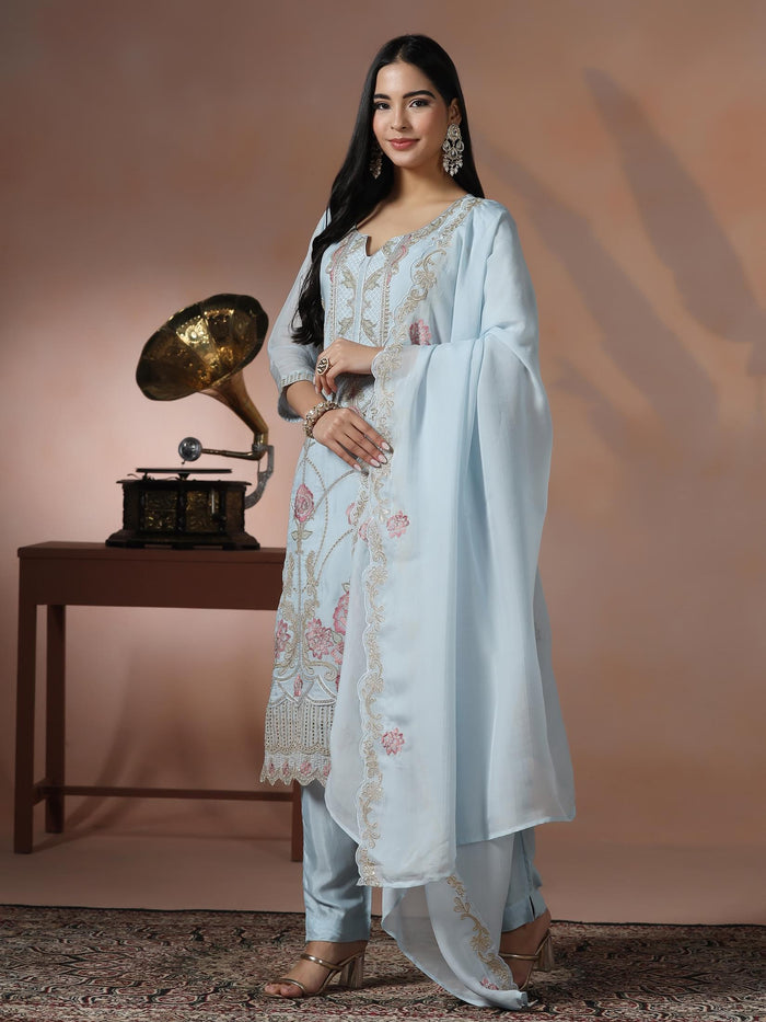 Women Organza Blue Embroidered Kurta Comfort Pant Dupatta.