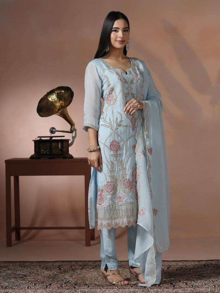 Women Organza Blue Embroidered Kurta Comfort Pant Dupatta.