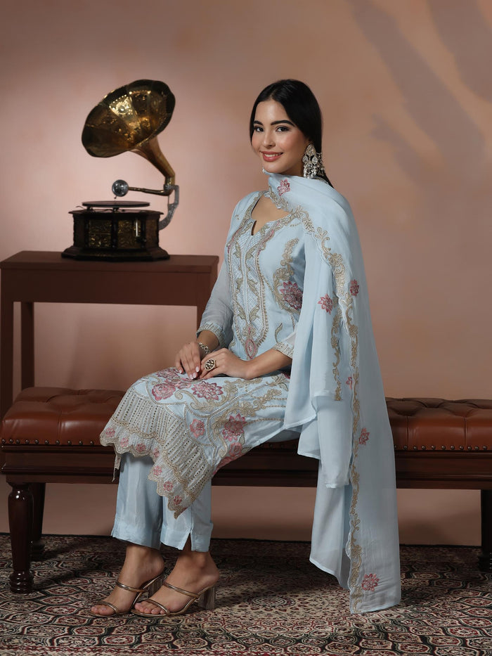 Women Organza Blue Embroidered Kurta Comfort Pant Dupatta.