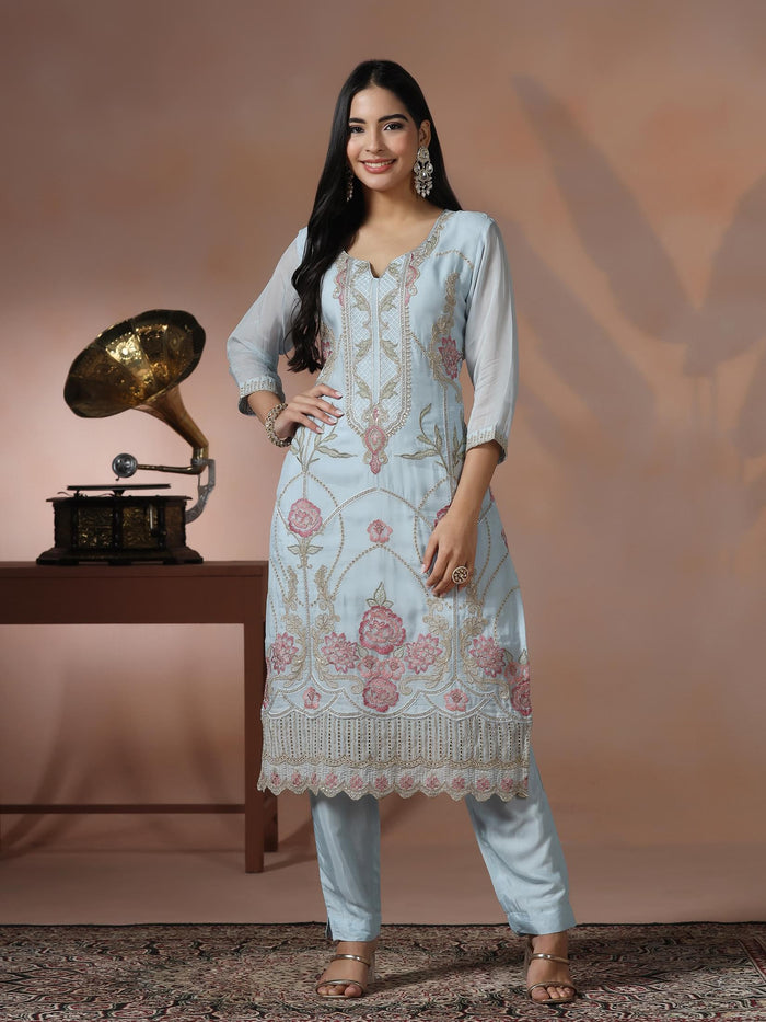Women Organza Blue Embroidered Kurta Comfort Pant Dupatta.