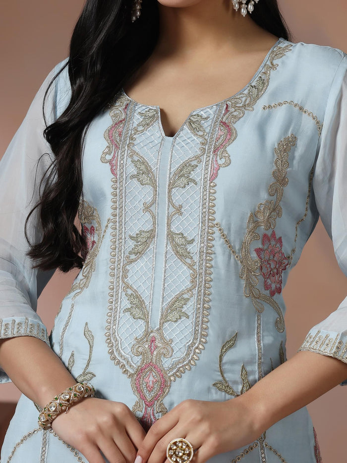 Women Organza Blue Embroidered Kurta Comfort Pant Dupatta.