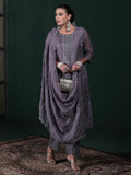 Women Organza Charcoal Grey Embroidered Kurta Comfort Pant Dupatta.