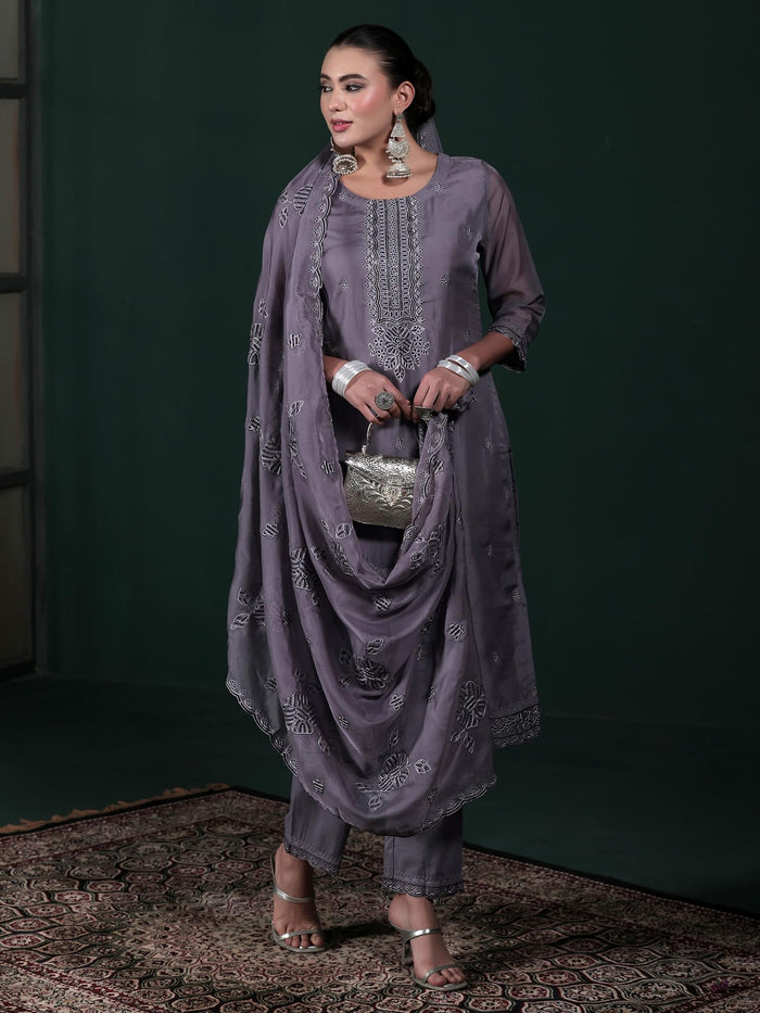 Women Organza Charcoal Grey Embroidered Kurta Comfort Pant Dupatta.