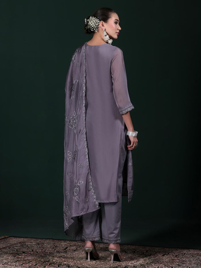 Women Organza Charcoal Grey Embroidered Kurta Comfort Pant Dupatta.
