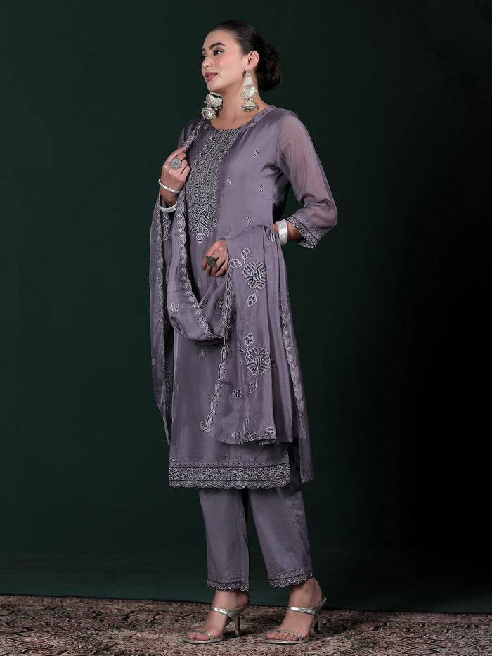 Women Organza Charcoal Grey Embroidered Kurta Comfort Pant Dupatta.
