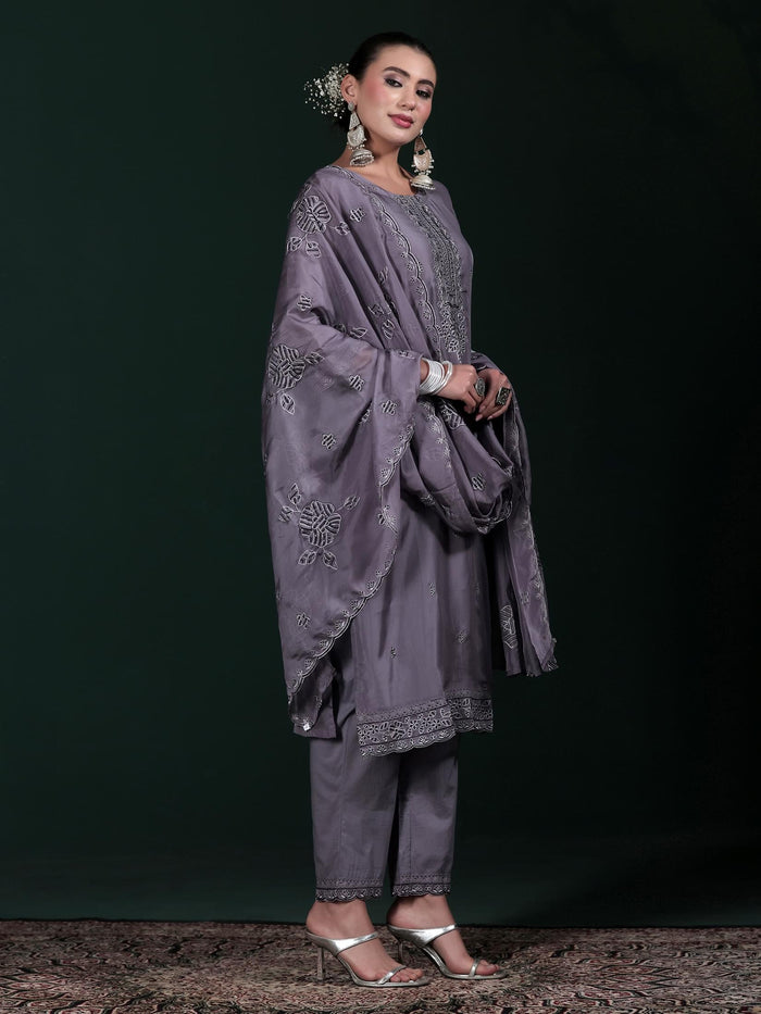 Women Organza Charcoal Grey Embroidered Kurta Comfort Pant Dupatta.