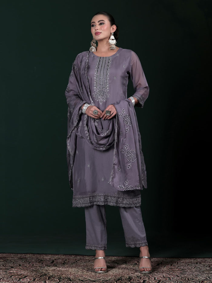 Women Organza Charcoal Grey Embroidered Kurta Comfort Pant Dupatta.