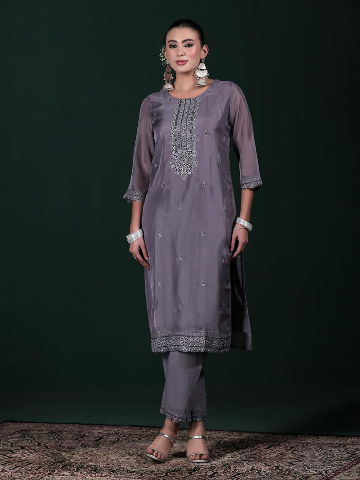 Women Organza Charcoal Grey Embroidered Kurta Comfort Pant Dupatta.