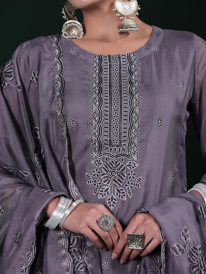 Women Organza Charcoal Grey Embroidered Kurta Comfort Pant Dupatta.