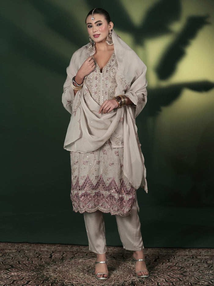 Women Organza Grey Embroidered Kurta Comfort Pant Dupatta.