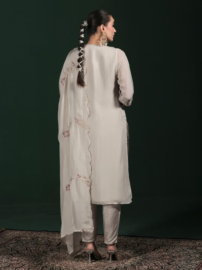 Women Organza Grey Embroidered Kurta Comfort Pant Dupatta.