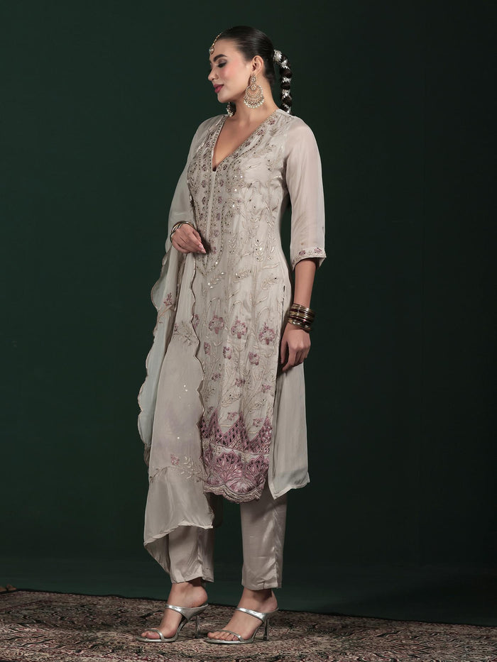 Women Organza Grey Embroidered Kurta Comfort Pant Dupatta.