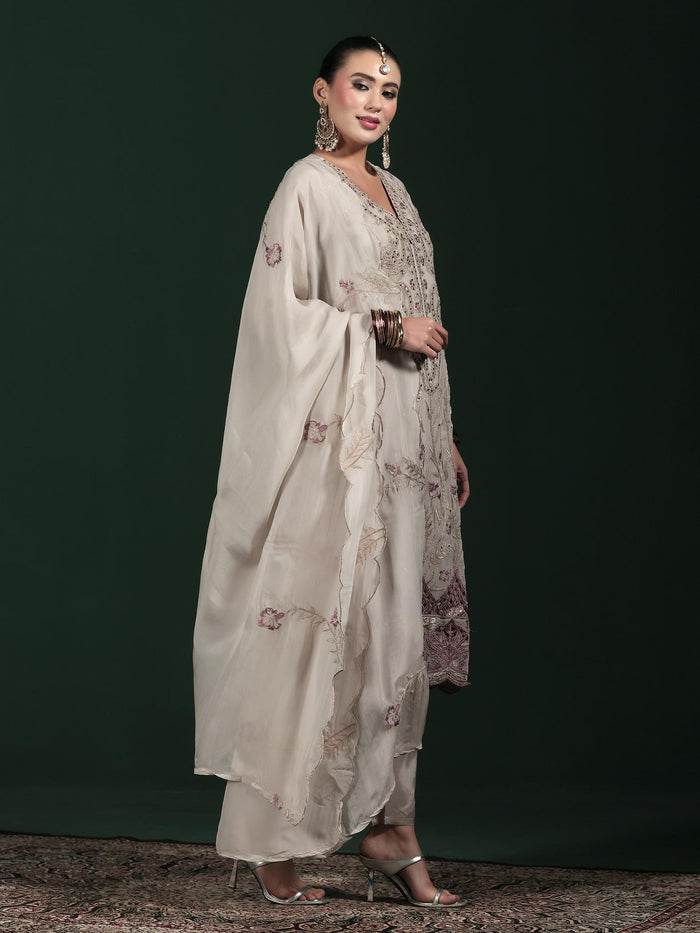 Women Organza Grey Embroidered Kurta Comfort Pant Dupatta.